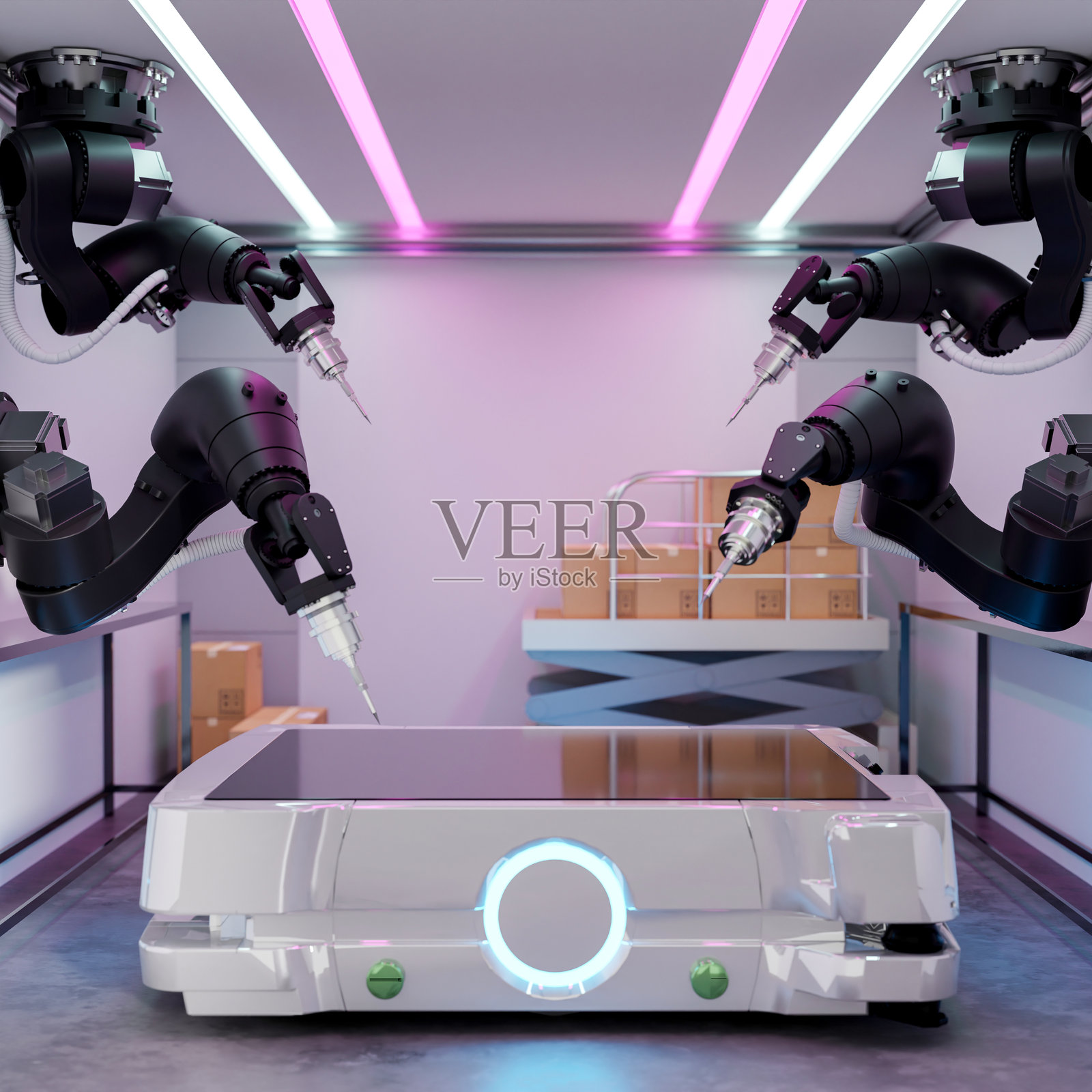 一个现代金属桌面或秤，周围环绕着黑色机器人装配臂，位于现代工厂中。照片摄影图片