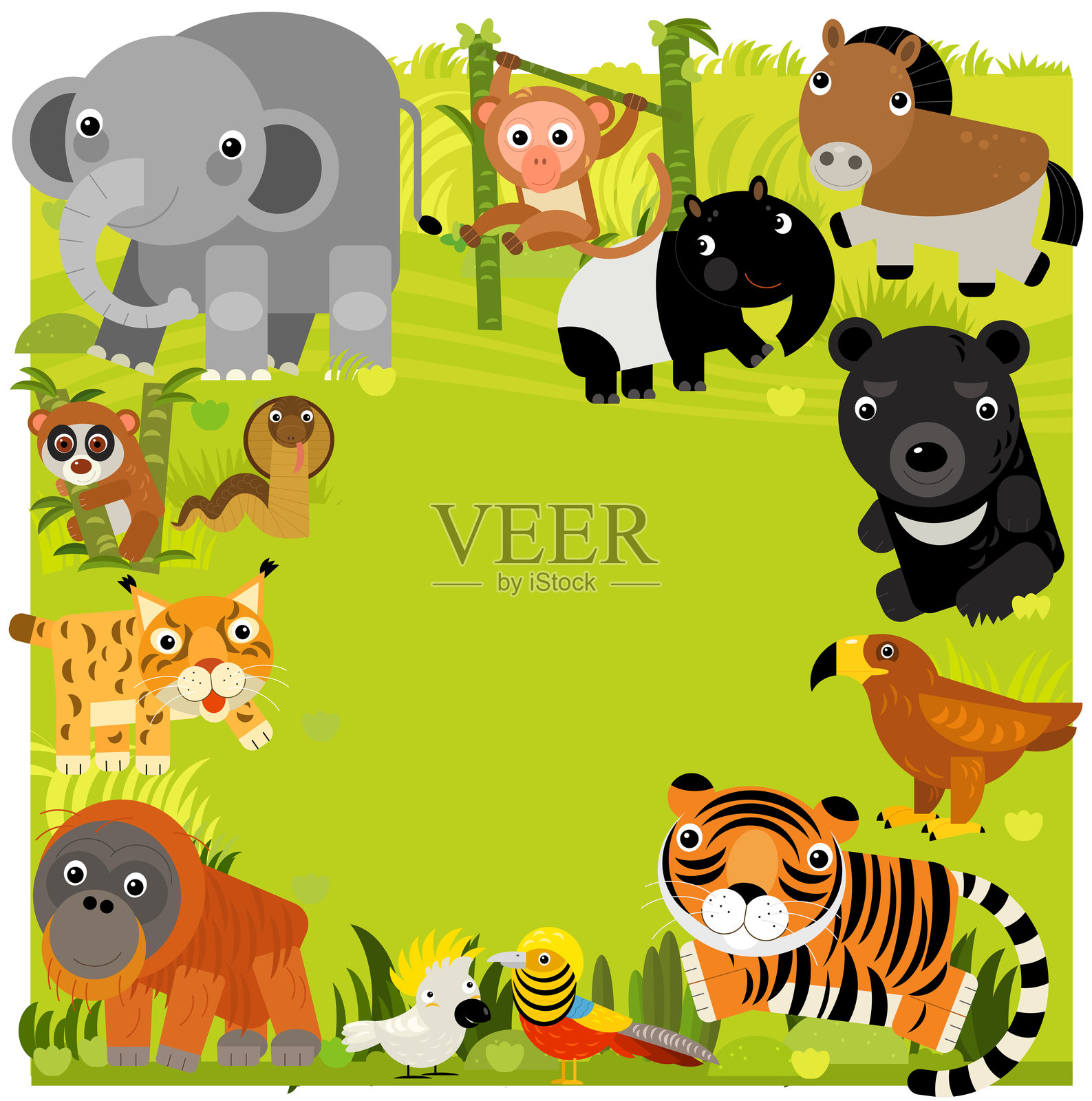 带有亚洲动物的卡通场景框架边框模板照片摄影图片