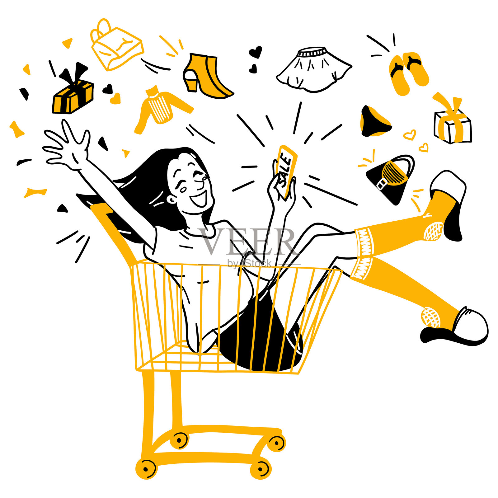 快乐微笑的女孩在购物车里。愉快的年轻女性在线购物。购买礼物。在商店以折扣价订购衣物和化妆品。卡通手绘矢量插图，独立展示。插画图片素材