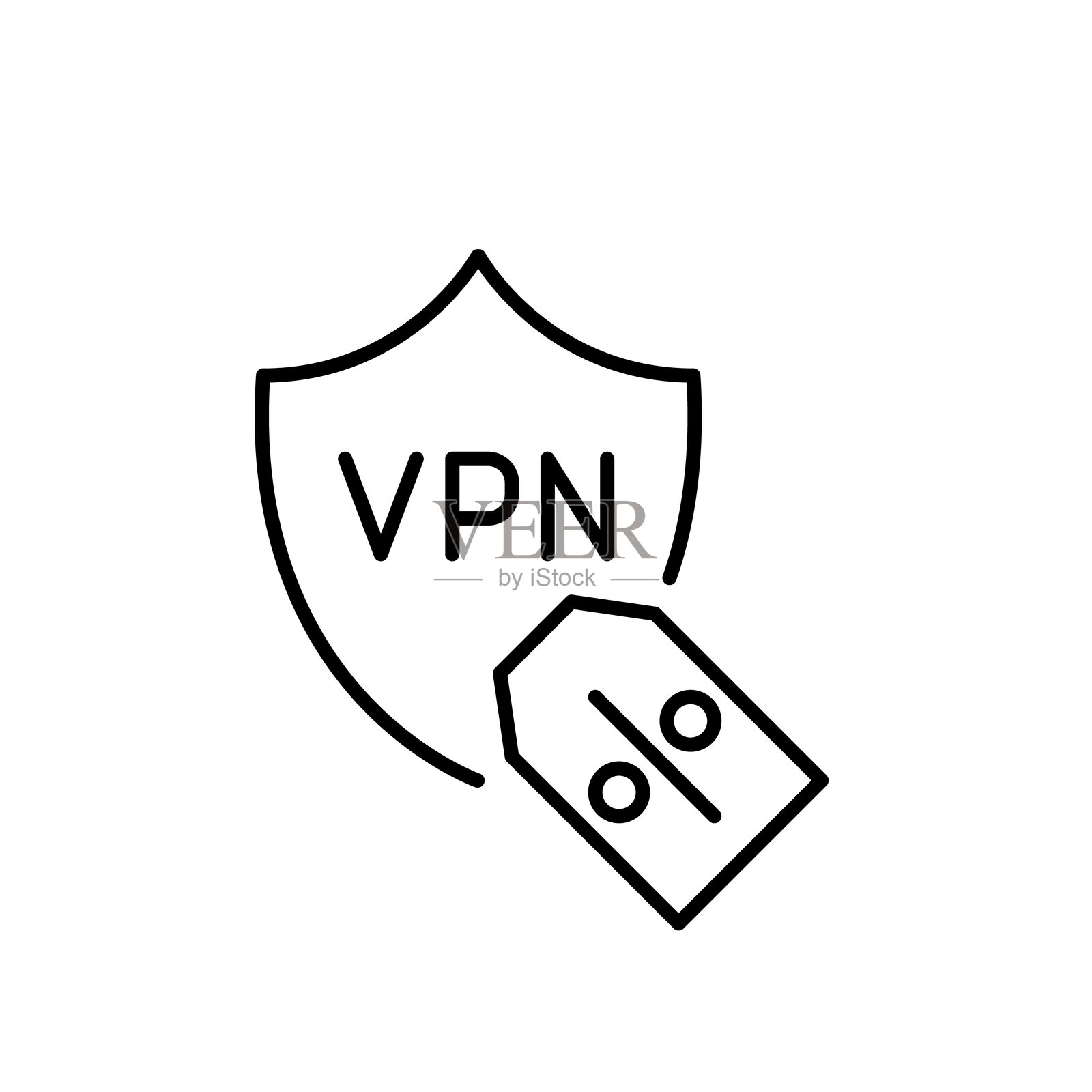 VPN盾牌和折扣标签。安全浏览优惠的高级访问。像素完美，可编辑的线条图标。插画图片素材