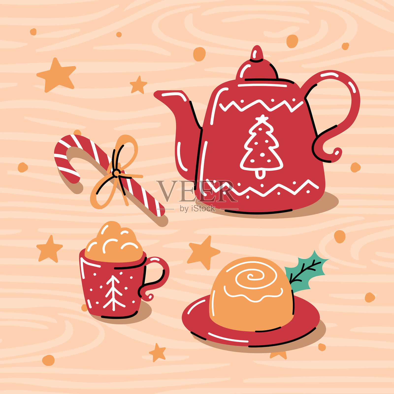 茶壶和杯子里装着温暖的饮品。美味的糕点和拐杖糖。冬季静物。插画图片素材