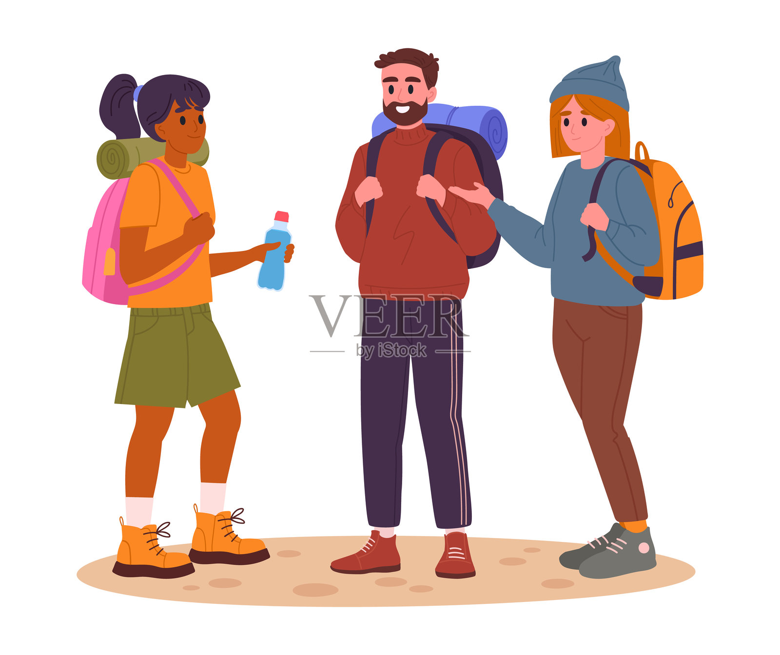 活跃的徒步旅行者。户外冒险中的角色，徒步旅行和背包旅行活动的扁平矢量插图。人们在小径上徒步旅行。插画图片素材