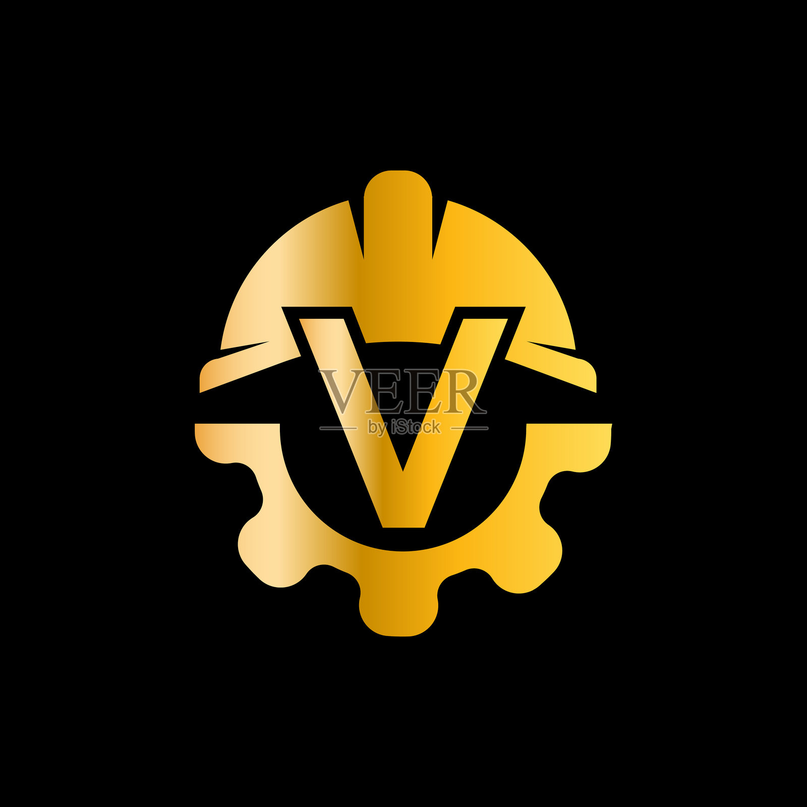 字母V头盔和装备标志设计模板。齿轮工程师标志设计矢量图插画图片素材