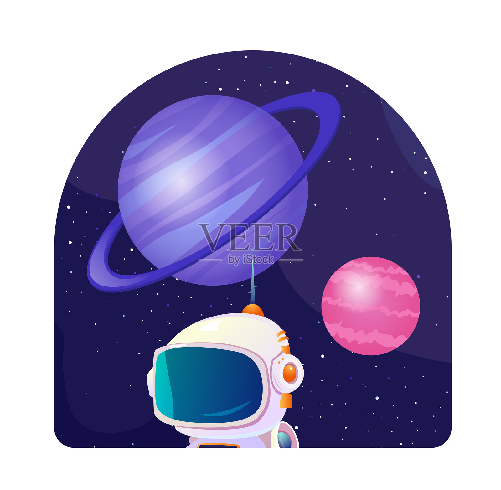 带有太空的贴纸。宇航员和宇航员在蓝色和粉色的行星附近。探索太空、银河系和宇宙。占星术和天文学。扁平矢量插图插画图片素材