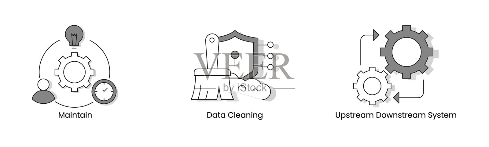 数据管理基础。包含图标：数据清理、上下游系统、维护插画图片素材