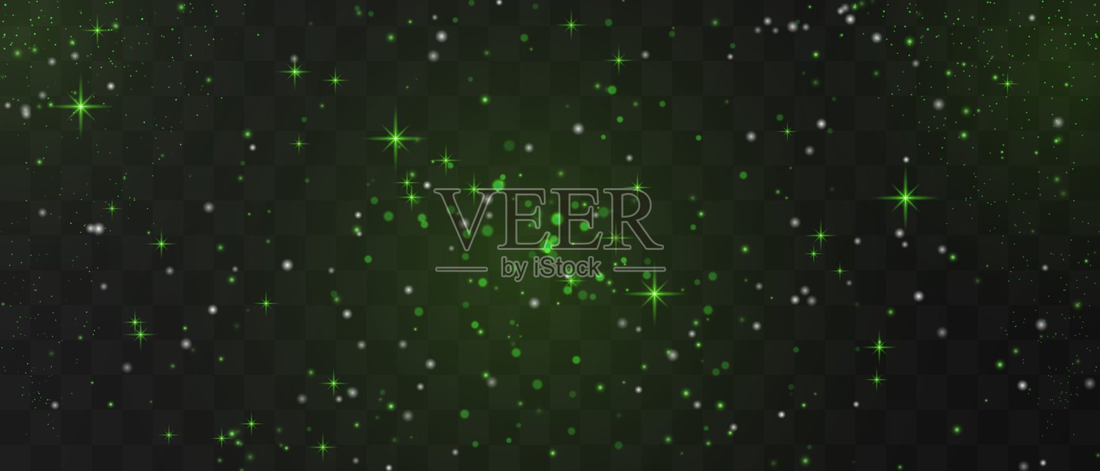 明亮的绿色粒子轻轻飘落，与星星和夜空中的星星相映成趣，营造出一种神奇而节日的氛围。闪烁的粒子在透明背景上，伴随着光晕。插画图片素材