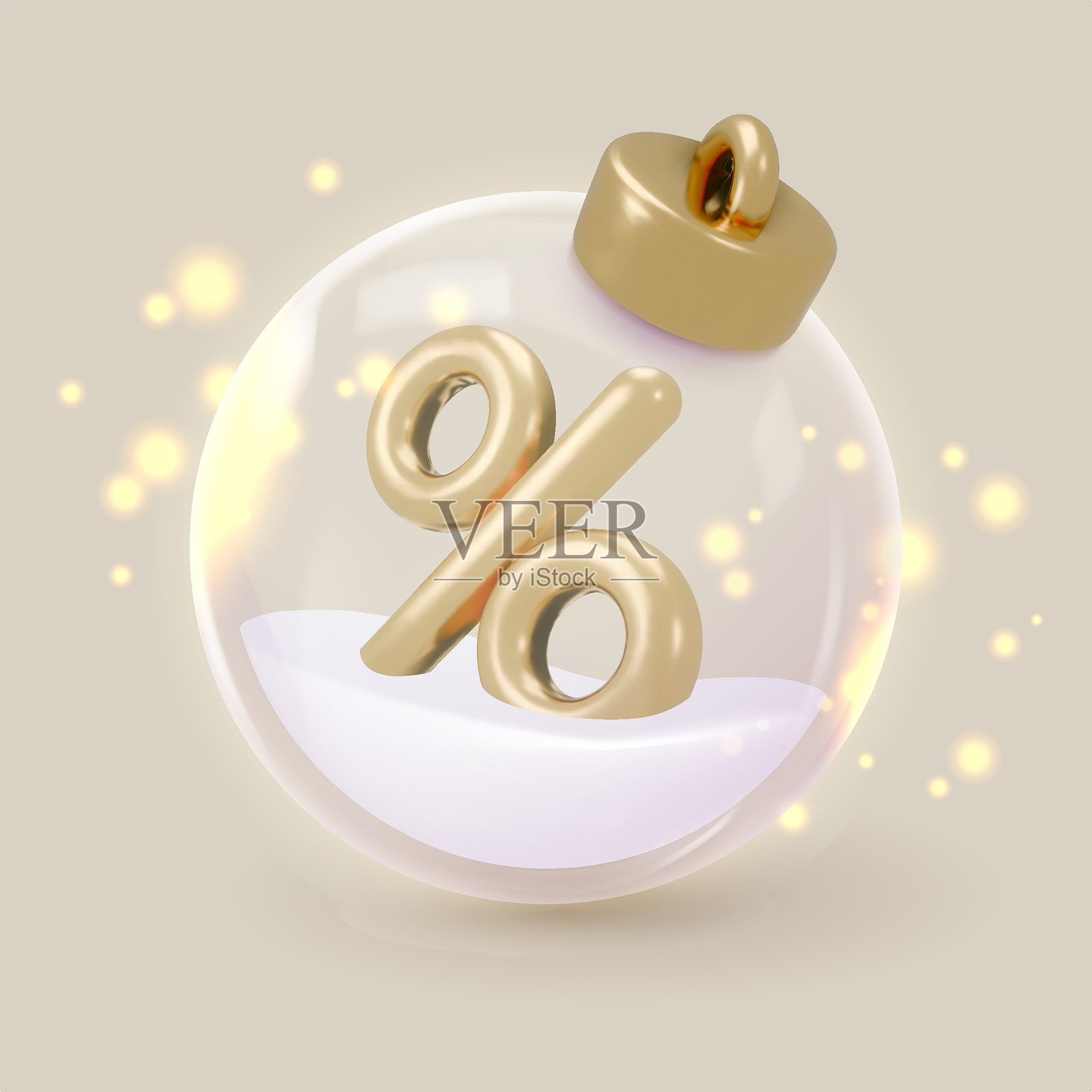 逼真的3D金色圣诞球，内部有玻璃和金色百分比。新年快乐矢量插图，适用于卡片、派对、设计、传单、横幅、网站和广告。圣诞促销。黑色星期五。插画图片素材