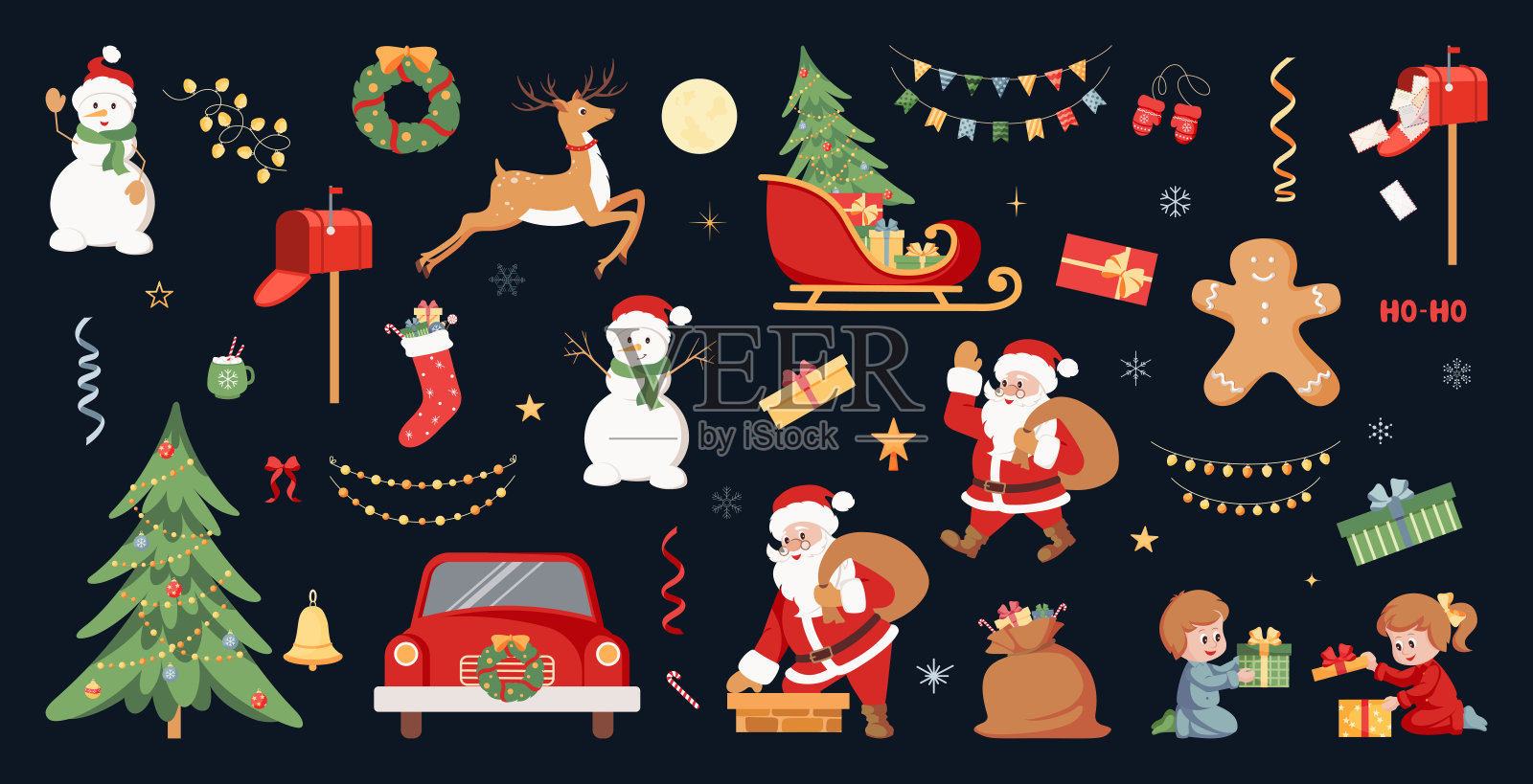 圣诞物品大套装。圣诞树、带礼物的圣诞老人、圣诞鹿、雪人。节日花环、姜饼。新年装饰。冬季节日装饰。手绘矢量插图。插画图片素材