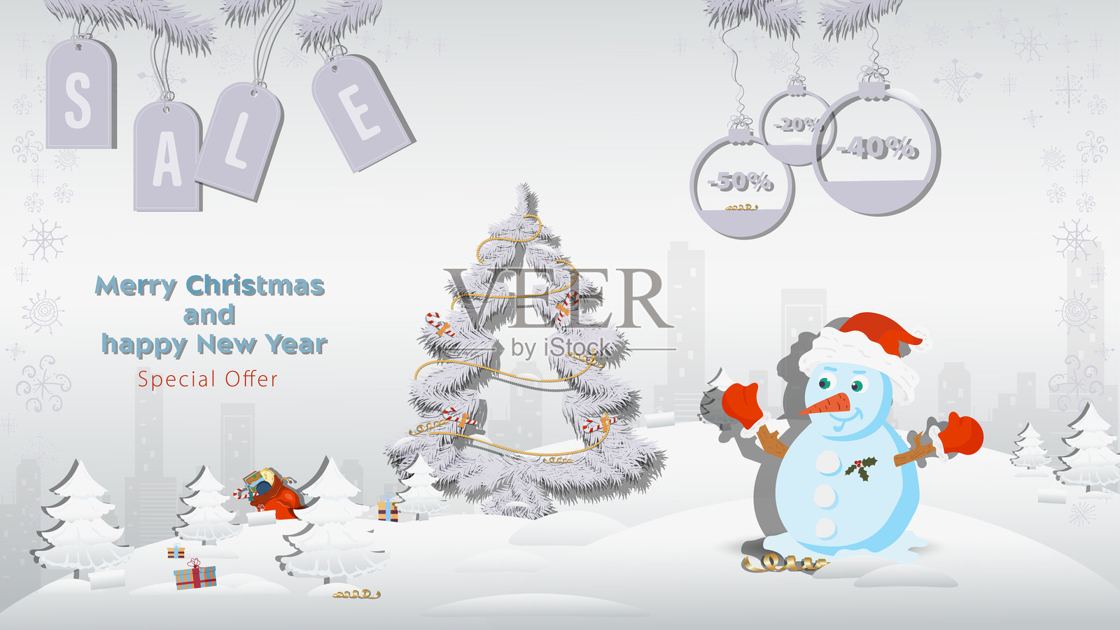 圣诞节和新年特惠促销 一只戴着圣诞老人帽子的雪人站在冬季雪林中的一棵松树旁插画图片素材