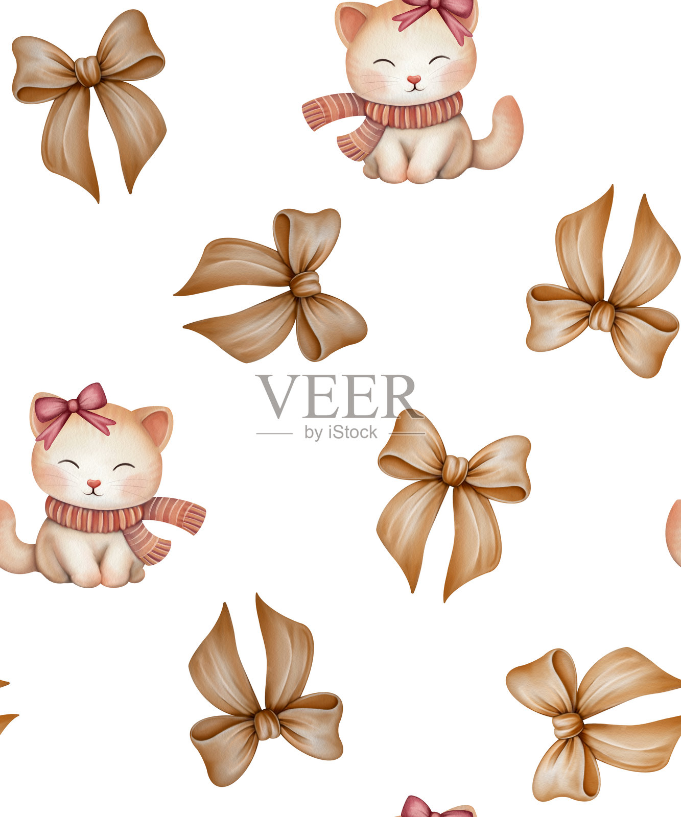 可爱手绘猫咪、粉色蝴蝶结和浪漫细节的无缝图案，完美适用于儿童、情人节贺卡、包装纸、婴儿纺织品和装饰插图。照片摄影图片