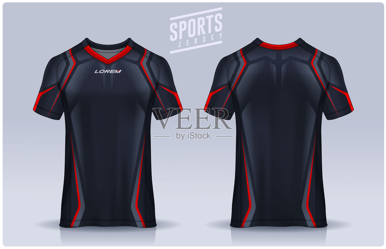 运动T恤设计模板，足球俱乐部的球衣样机。制服正面和背面视图。插画图片素材