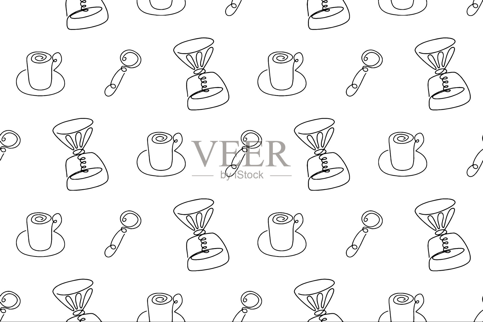咖啡涂鸦无缝图案，线条风格。手绘的舒适纹理，包含咖啡杯和意式咖啡壶。单色幽默微笑的无缝印刷设计，适合咖啡爱好者。插画图片素材