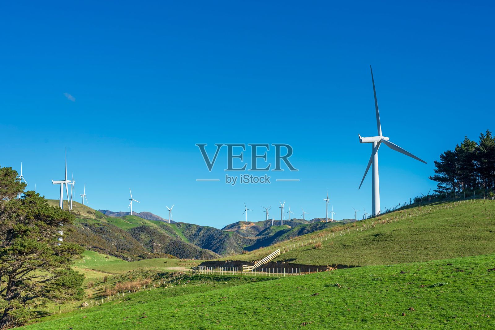 蓝天下绿色山丘上的风力涡轮机。照片摄影图片