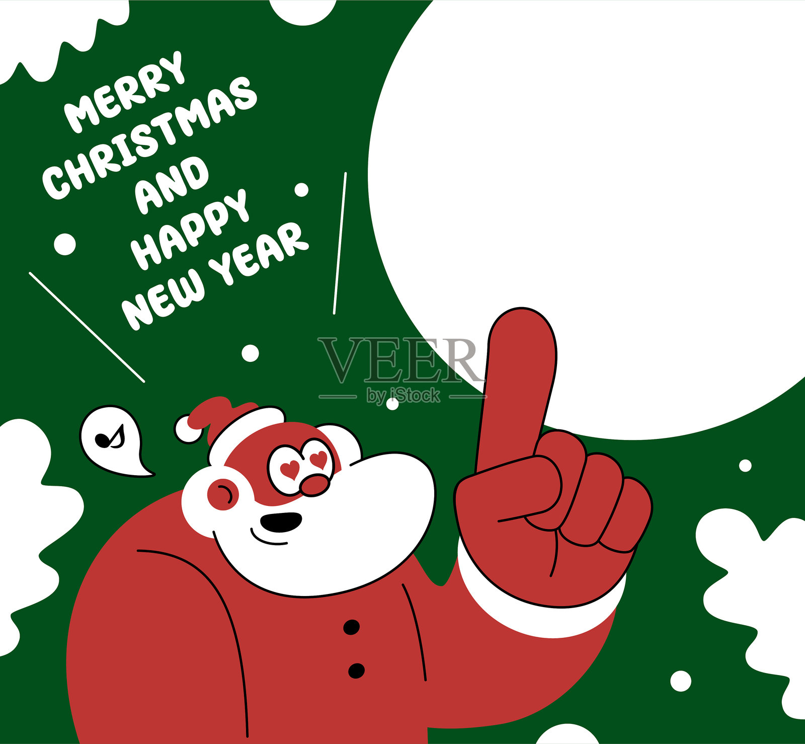 可爱的圣诞老人，眼中充满爱的心形眼睛，用食指指向上方，祝你圣诞快乐，新年快乐。插画图片素材