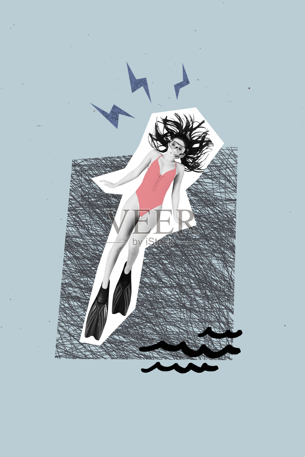 年轻女孩潜水员穿着泳衣、面罩和脚蹼的垂直照片拼贴，水下游泳者，夏季冒险，背景为涂鸦风格。照片摄影图片