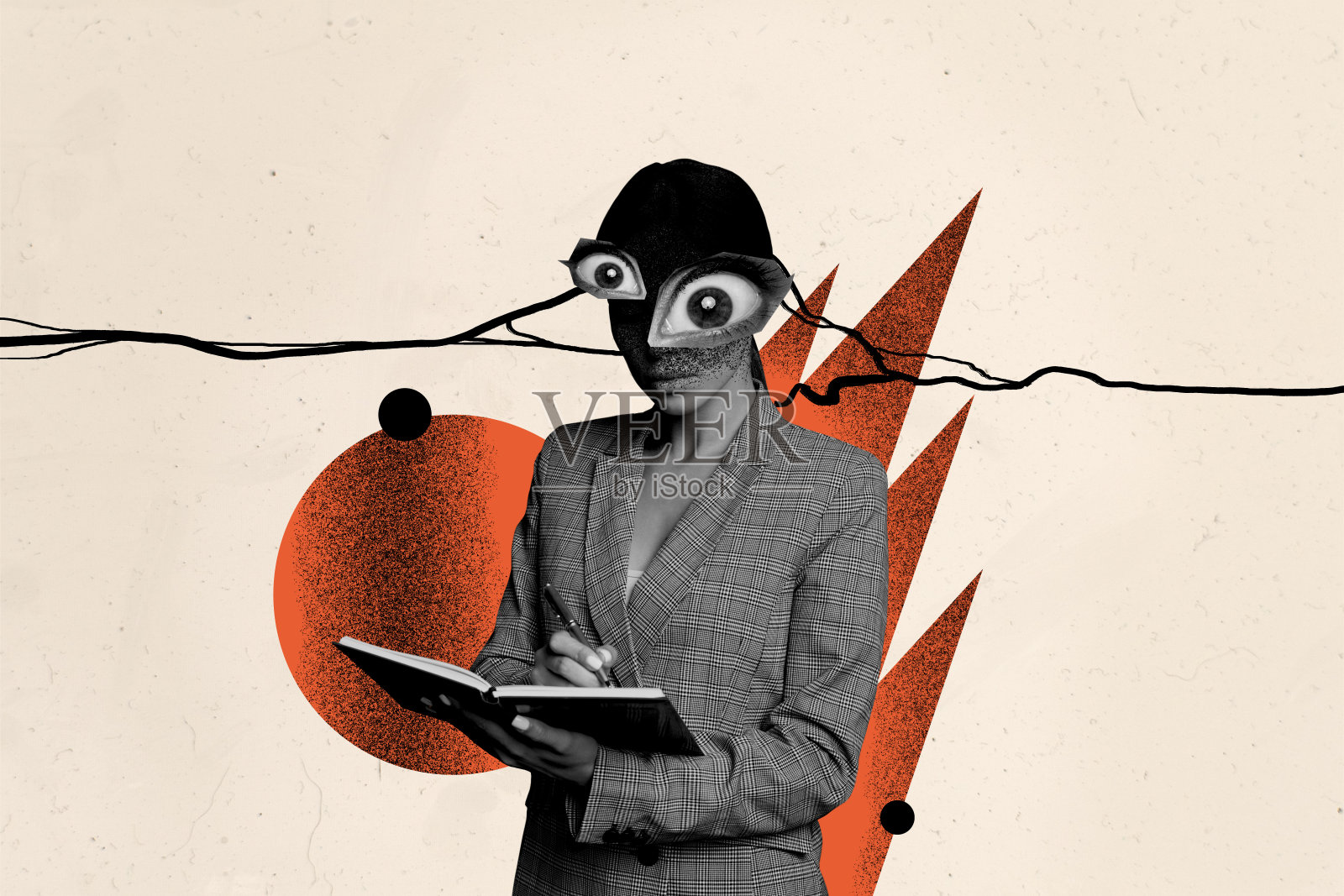 可怕女孩的拼贴照片，面部特写大眼睛，写着商业项目计划的备忘录，背景为涂鸦风格。照片摄影图片