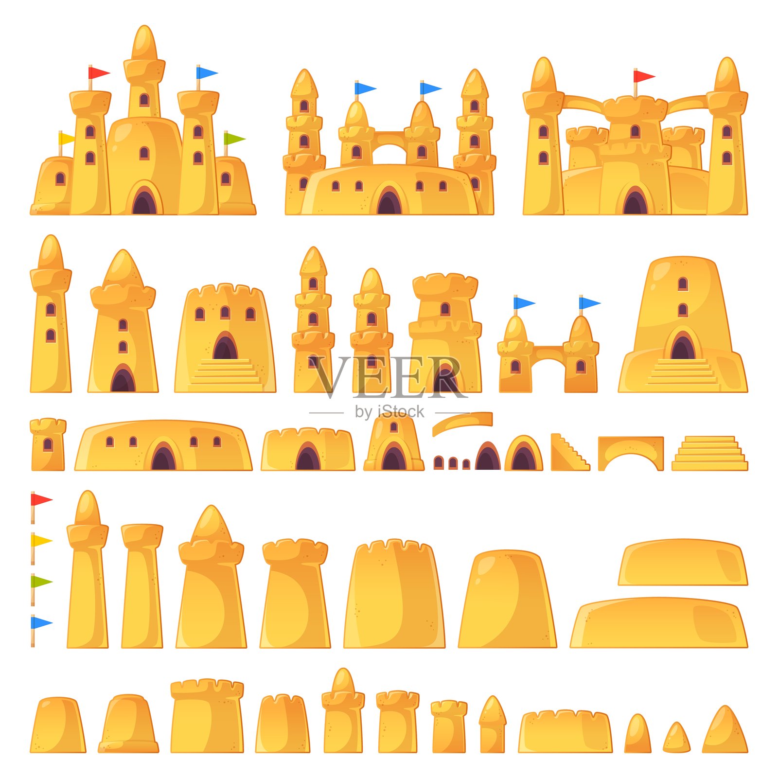 卡通沙堡配件套件。儿童松散建筑材料，夏季海滨游戏，带塔的有趣堡垒，构造装饰性孤立元素。墙和塔。矢量套件。插画图片素材