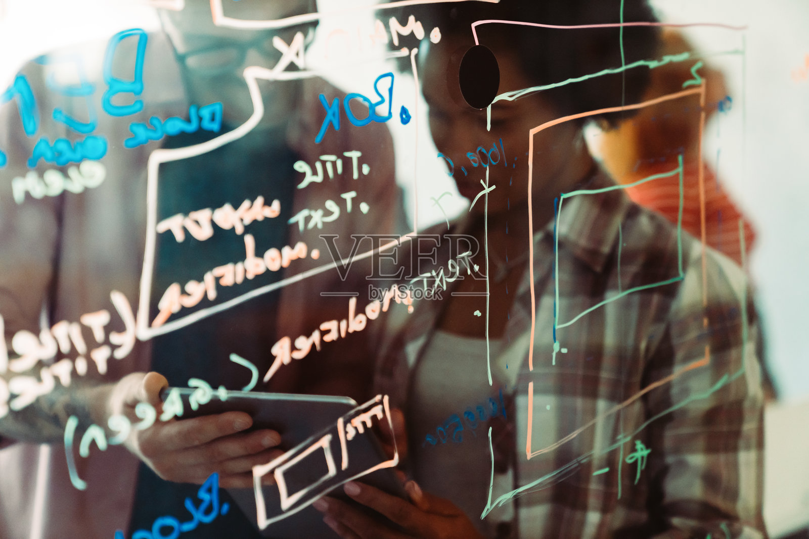 软件、编程和商业女性在平板电脑上思考数据分析和数字技术。照片摄影图片