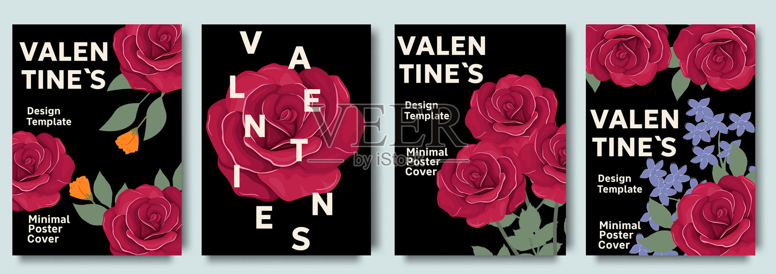 黑色背景上带有红色心形和“爱”字的浪漫图案插画图片素材