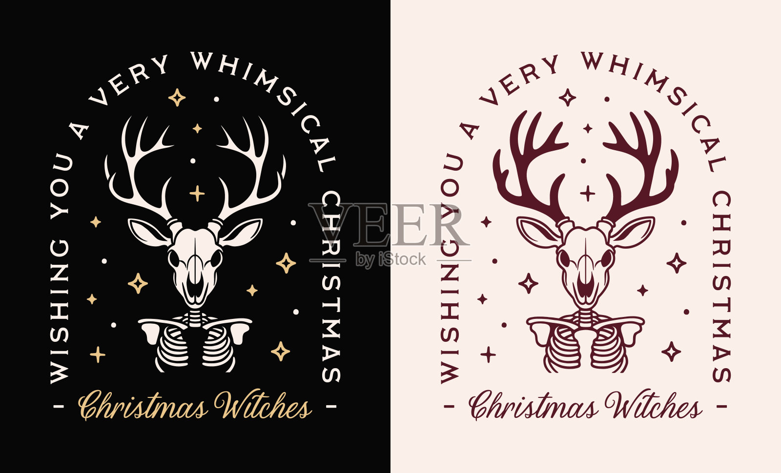 圣诞女巫，异教女巫，搞笑女巫，女巫风格的节日祝福贺卡，奇幻的圣诞衫设计，林地动物，黑暗复古黑色美学插画图片素材