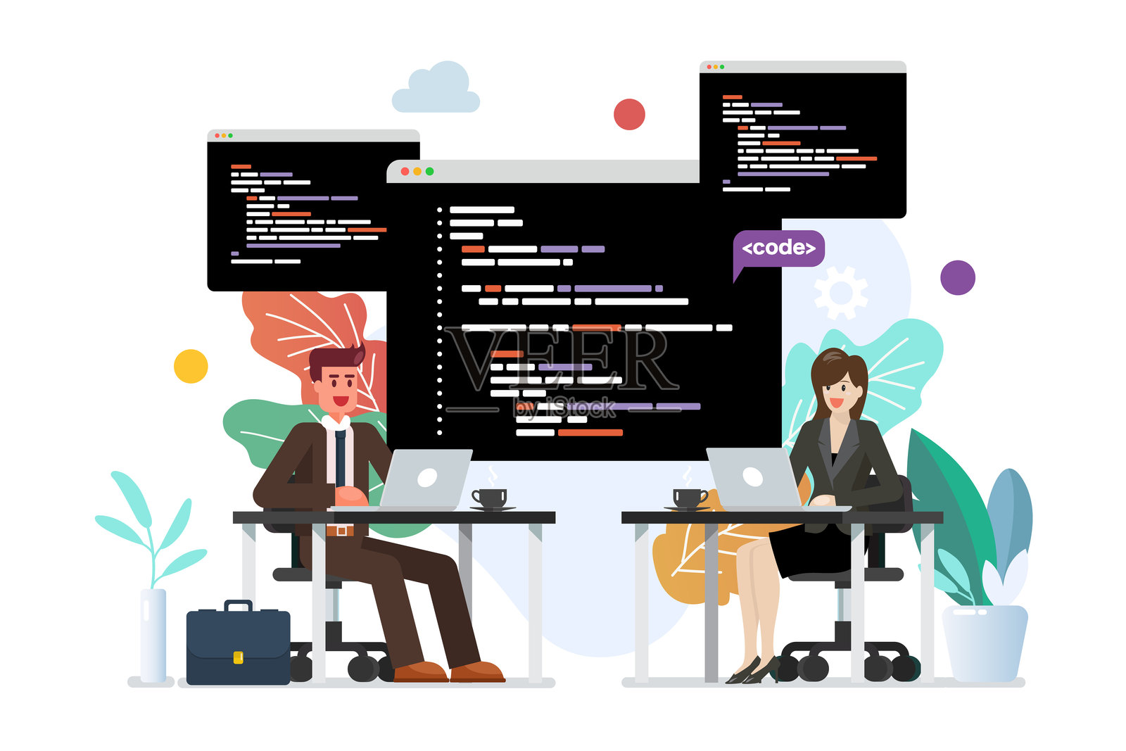 男女程序员一起在笔记本电脑上编写代码插画图片素材