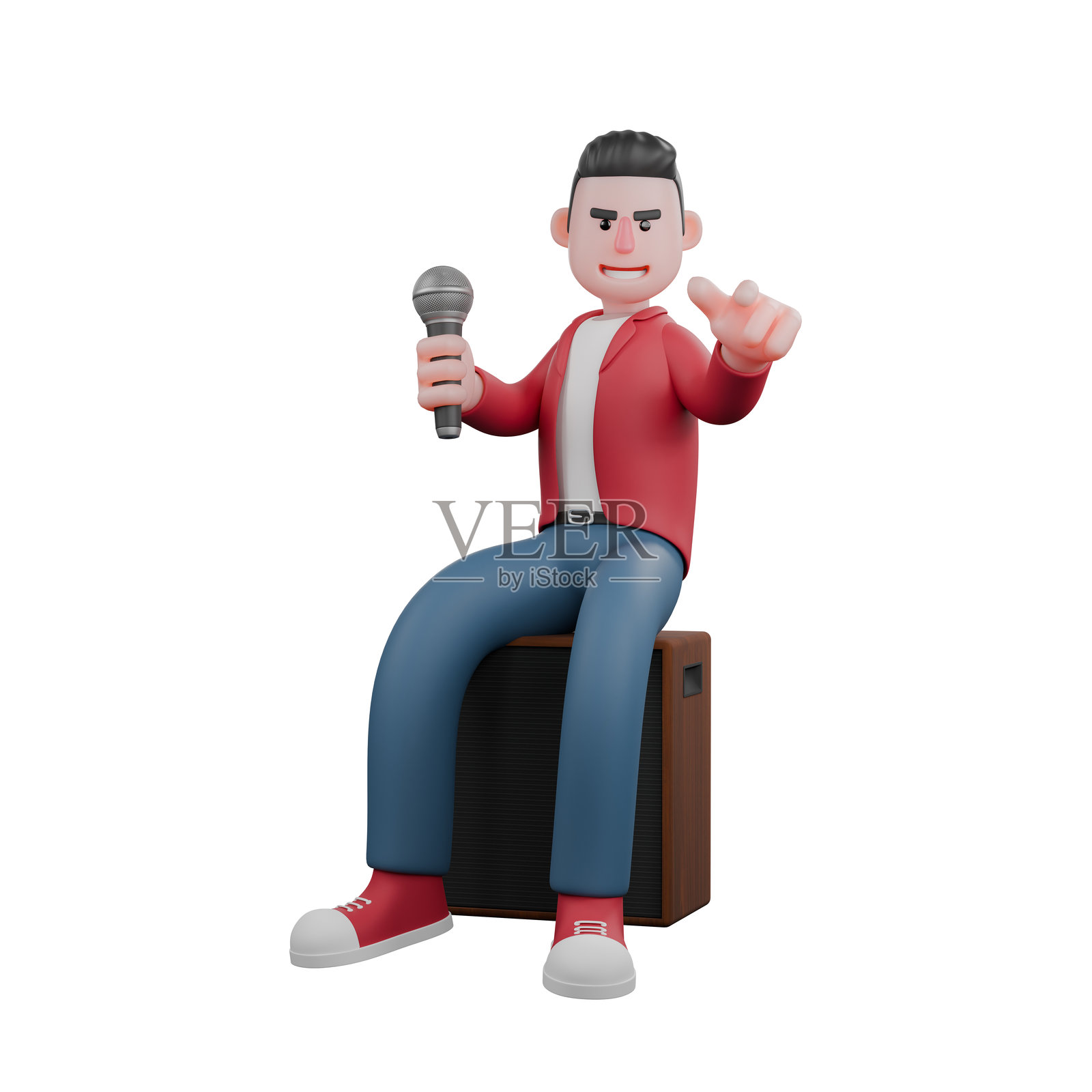 动画3D歌手角色。一位男性歌手坐在音响上，手持麦克风并向前指。男性音乐明星照片摄影图片