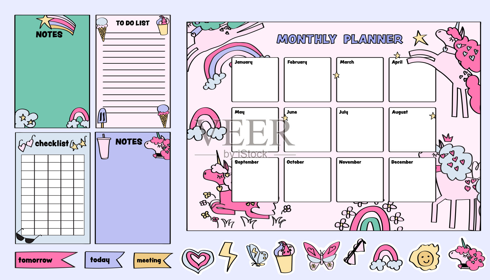 独角兽生日日历、待办事项清单、检查表、记事本页面和贴纸的合集。每日和每周计划模板。插画图片素材