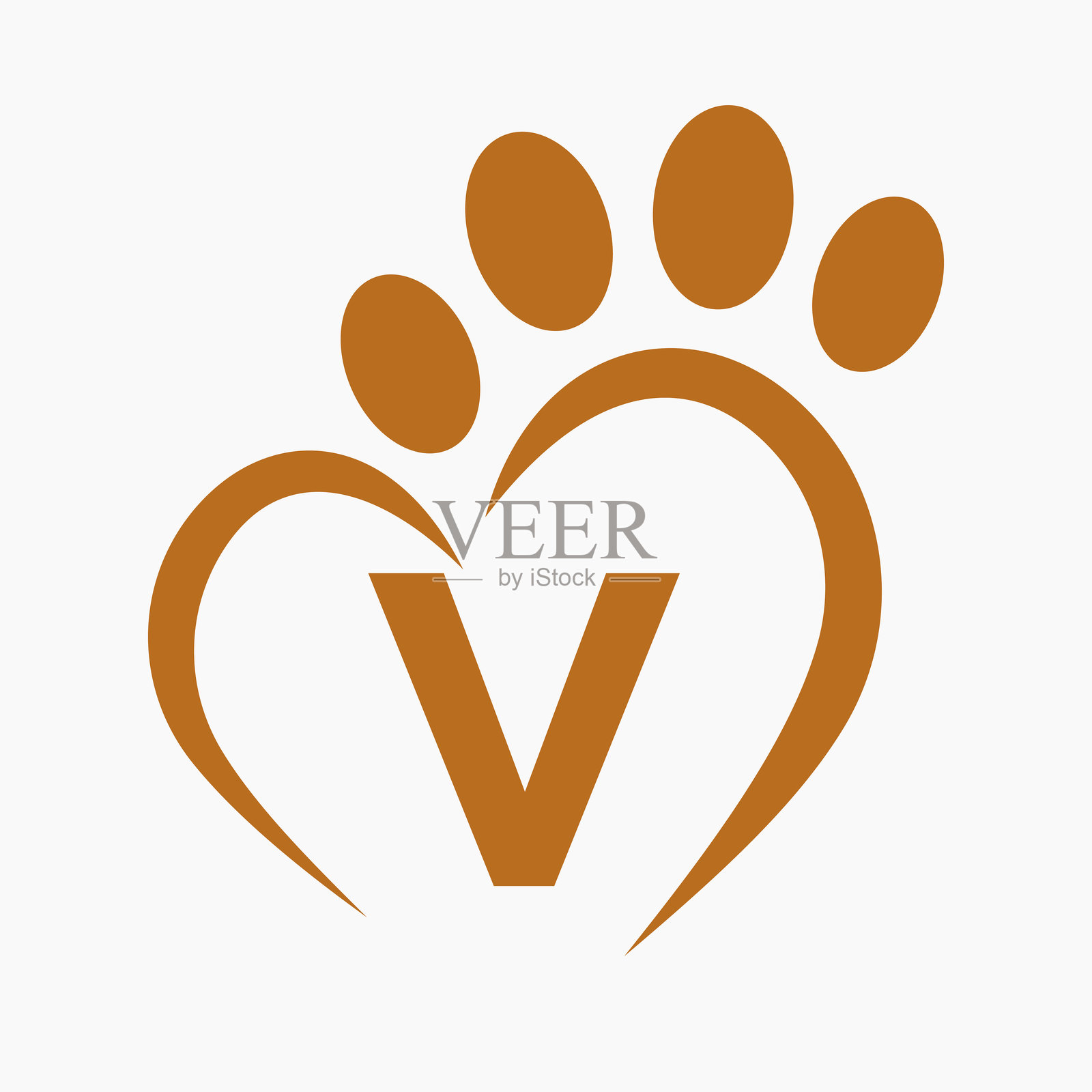 字母V宠物标志设计概念，带有爪子和心形符号的矢量图插画图片素材