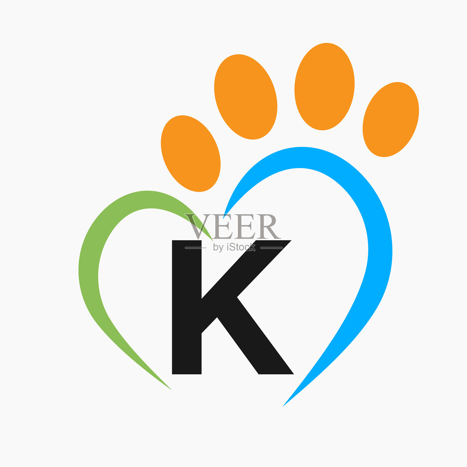 字母K宠物标志设计概念，带有爪子和心形符号的矢量图插画图片素材