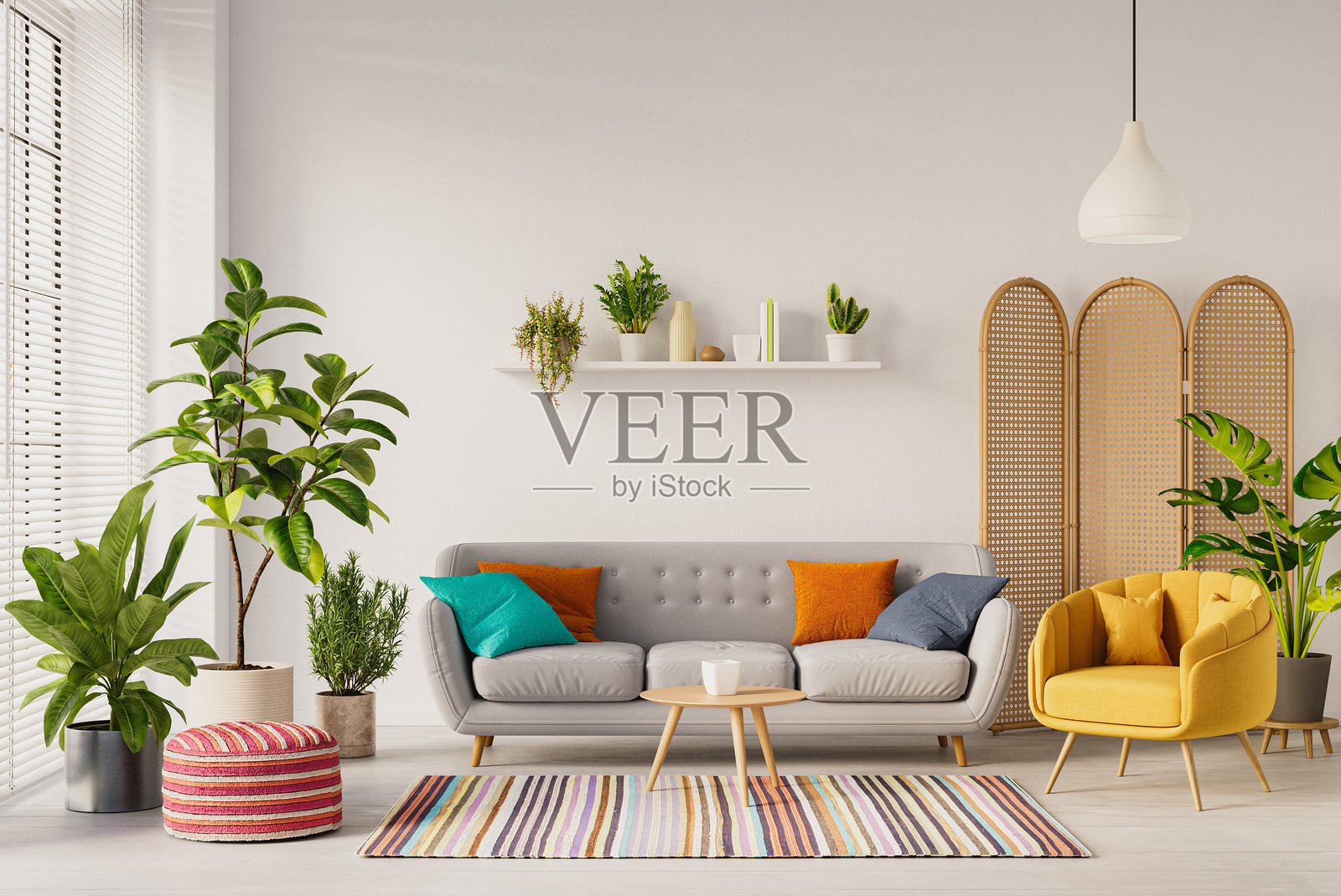 现代舒适的客厅室内设计效果图，配有多彩的装饰元素，3D渲染照片摄影图片