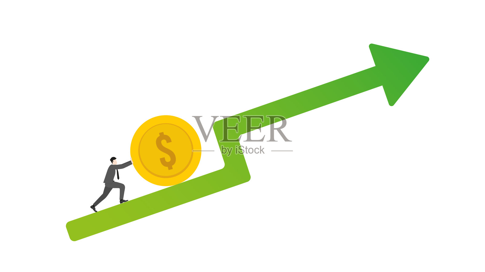 一位商人正在将一枚大硬币向上推，图表上有一条向上的绿色箭头，风格简约现代。商业、财务增长、经济策略、投资成功和财富管理的概念。插画图片素材