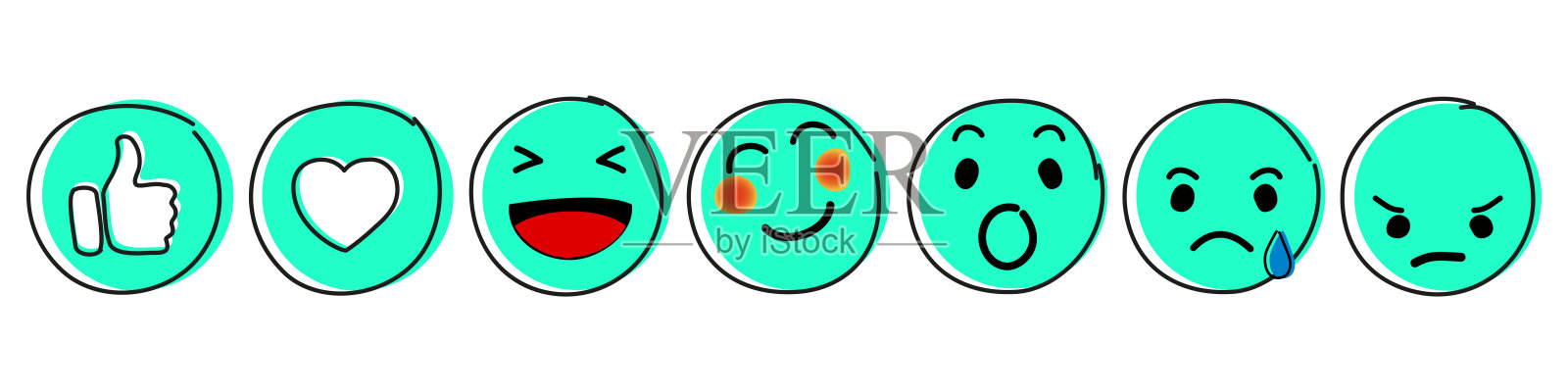 表情符号集合，社交网络反应图标，微笑情感，卡通表情符号 - 矢量图插画图片素材