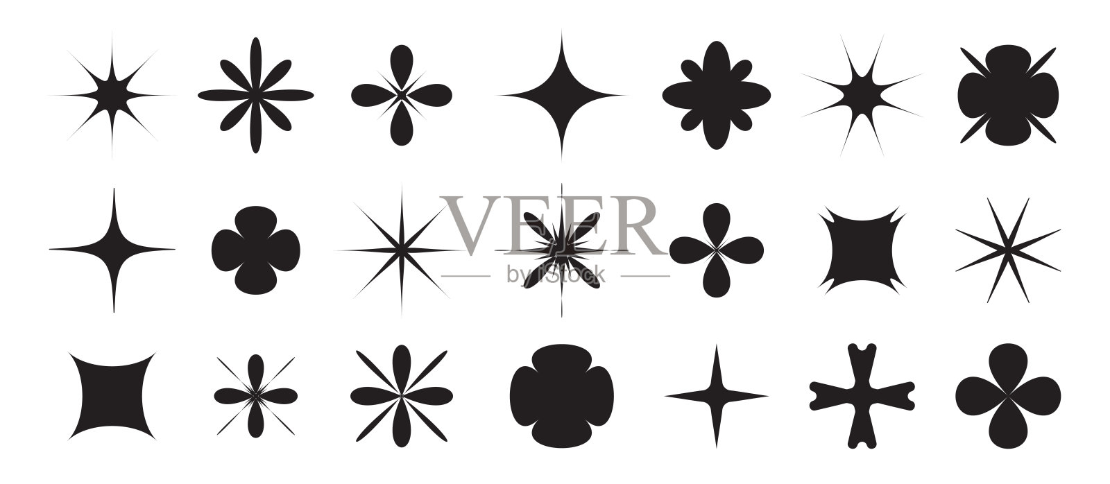 黑色时尚形状集合，采用Y2K复古未来风格。星星、花朵和闪光形状作为独立的矢量设计元素，适用于2000年代的美学，背景为白色。插画图片素材