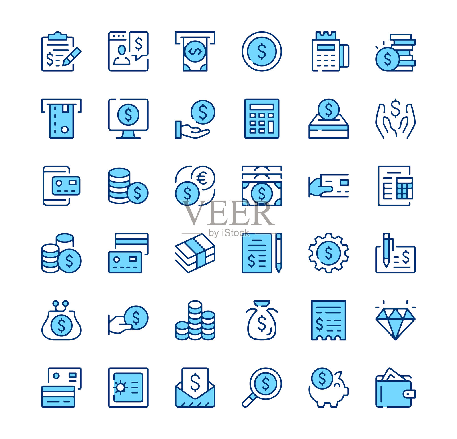 货币图标。轮廓符号。蓝色线条图标集插画图片素材