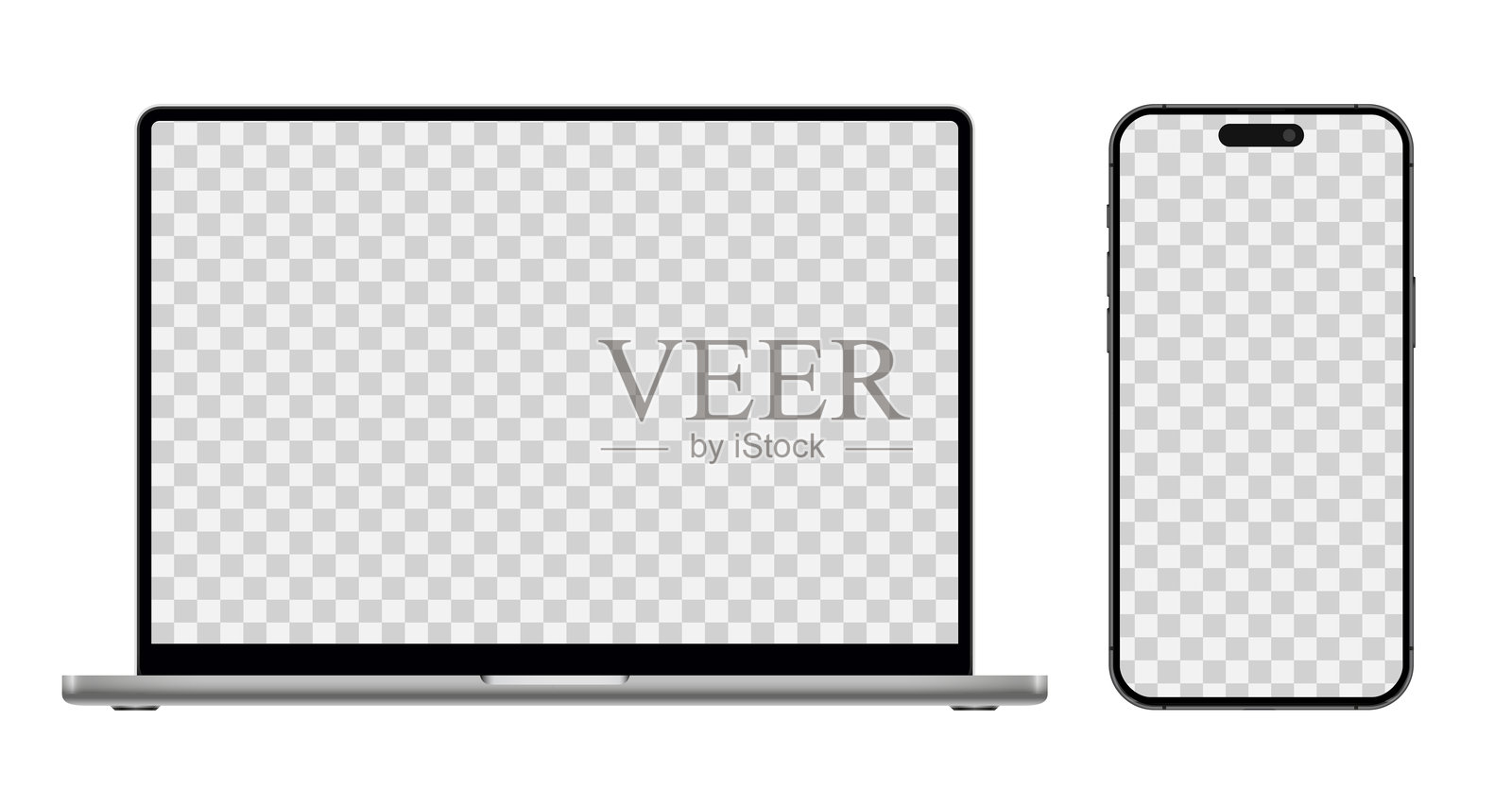 笔记本电脑和智能手机的空白屏幕，现代手机和电脑设备的空白展示，用于用户界面、用户体验、应用程序和网站的设备展示，背景透明。插画图片素材