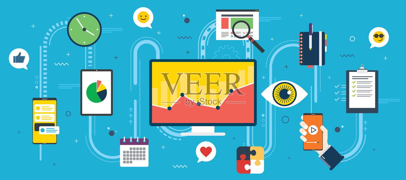 数字营销和数据分析插图与图标插画图片素材