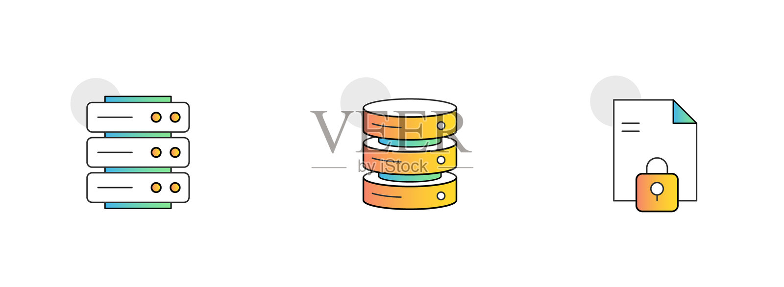 数据存储与管理。包含图标：数据库存储、服务器机架、锁定文件插画图片素材