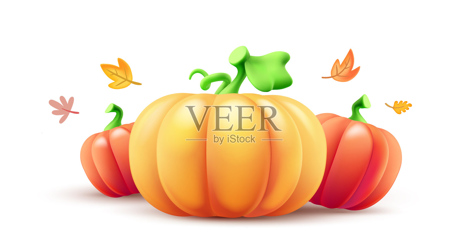 秋季插图，橙色卡通南瓜和叶子在白色背景上的矢量图。3D风格设计的南瓜堆和叶子图案，适用于感恩节横幅和万圣节派对海报。插画图片素材