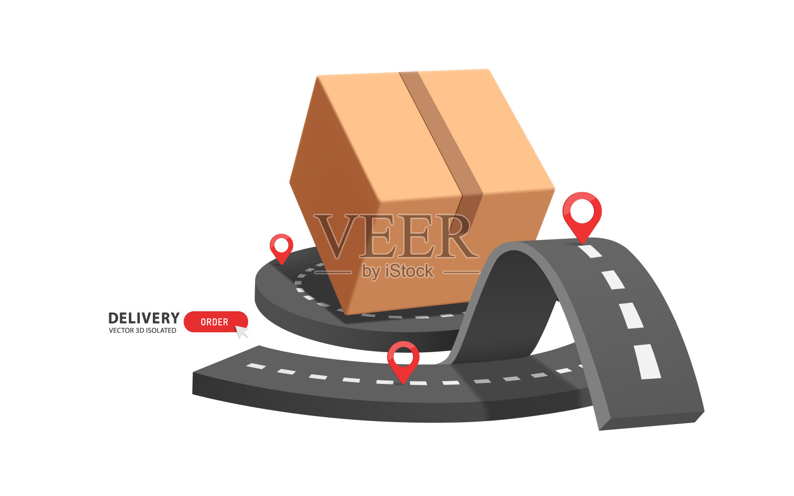 曲线道路上的包裹箱或纸箱，等待卡车来取走并按照红色标记的送货地点将其送达客户，矢量3D图形，适用于运输。插画图片素材