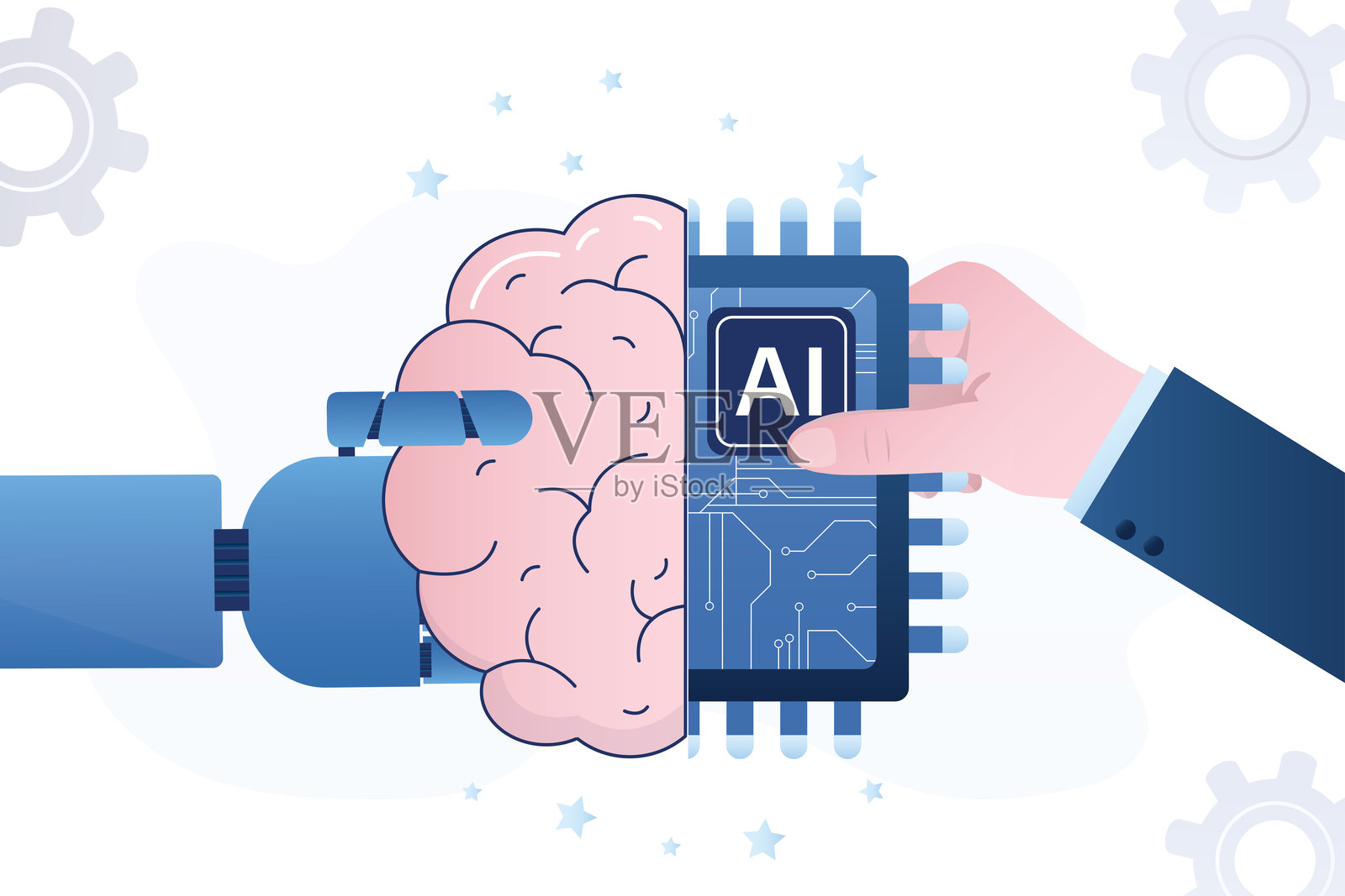 将人工智能和神经网络整合到工作流程中。商人与机器人手连接芯片与大脑。创新概念。插画图片素材