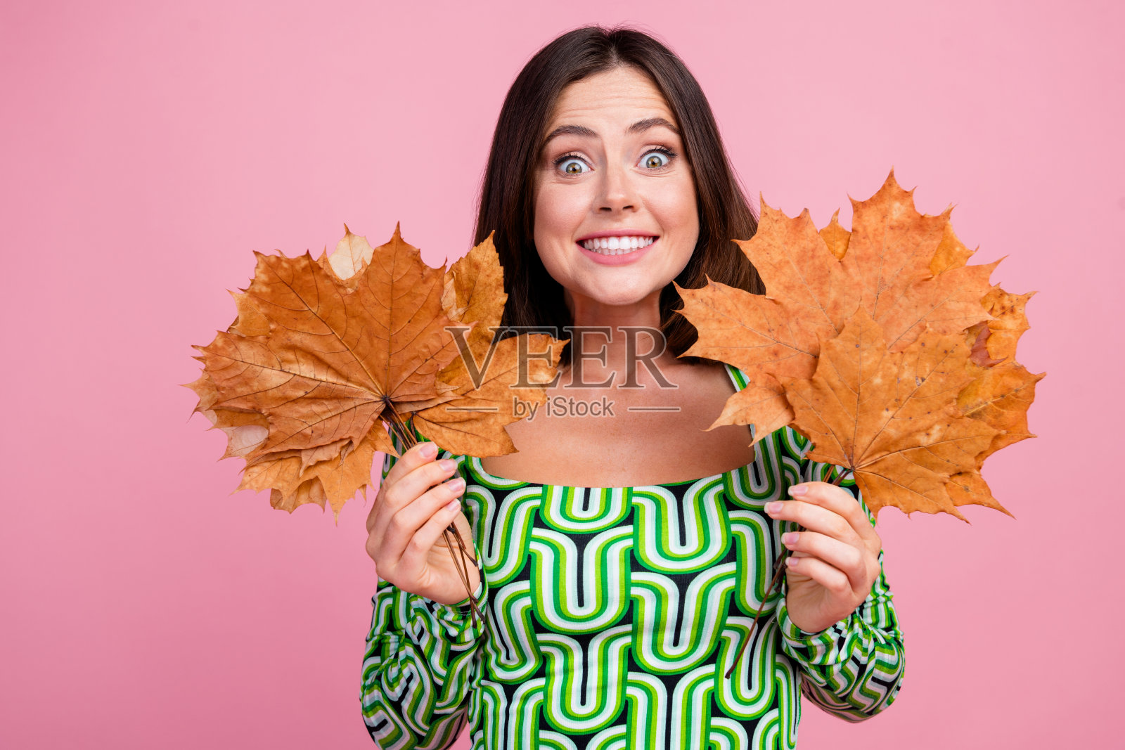 迷人可爱的快乐女性穿着绿色时尚服装，手持干叶花束，背景为粉色。照片摄影图片