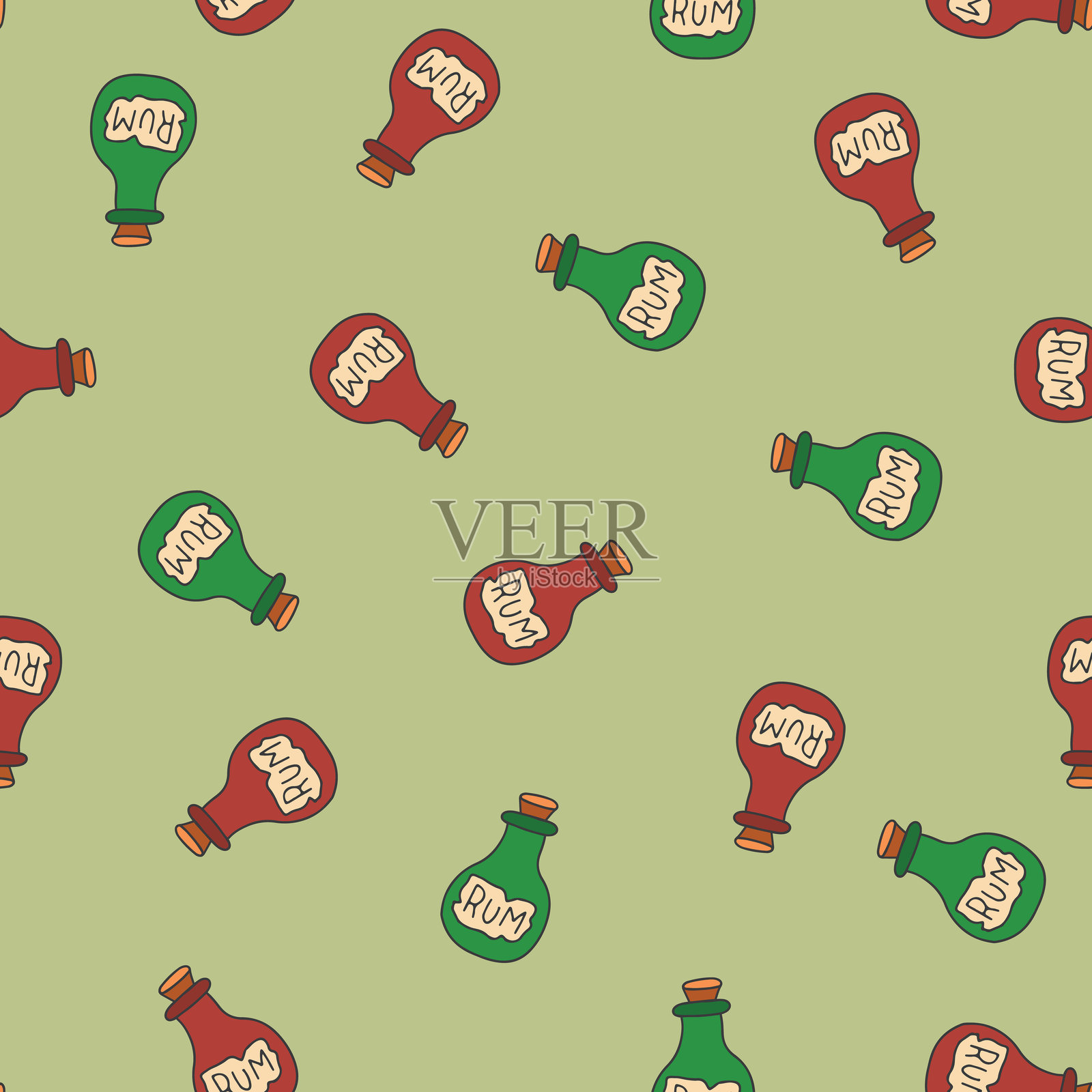 可爱的卡通朗姆酒瓶无缝图案背景。矢量插图插画图片素材