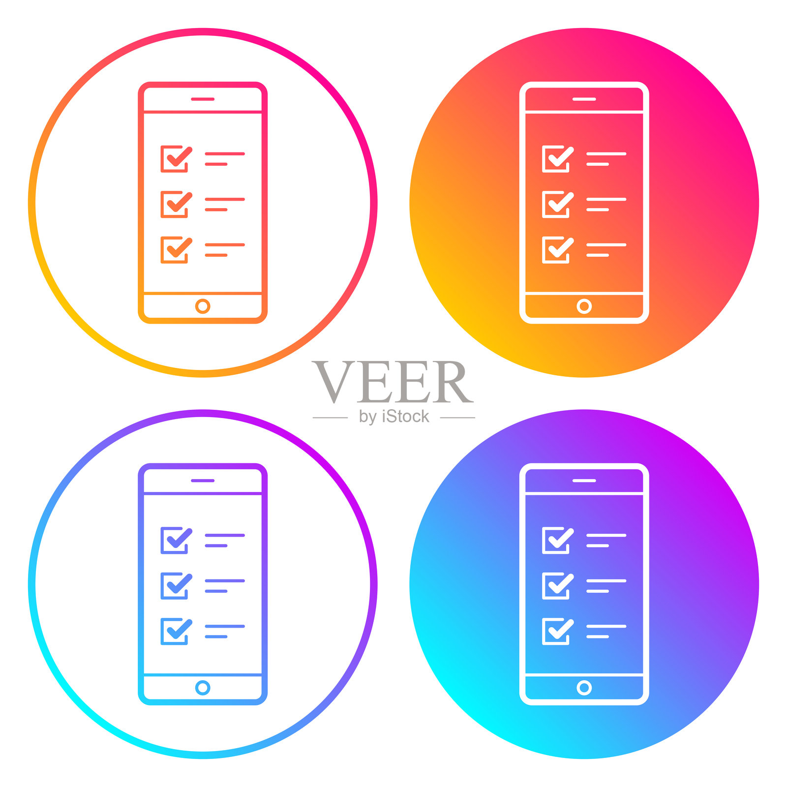 带有清单的智能手机。圆形图标带有渐变色。插画图片素材