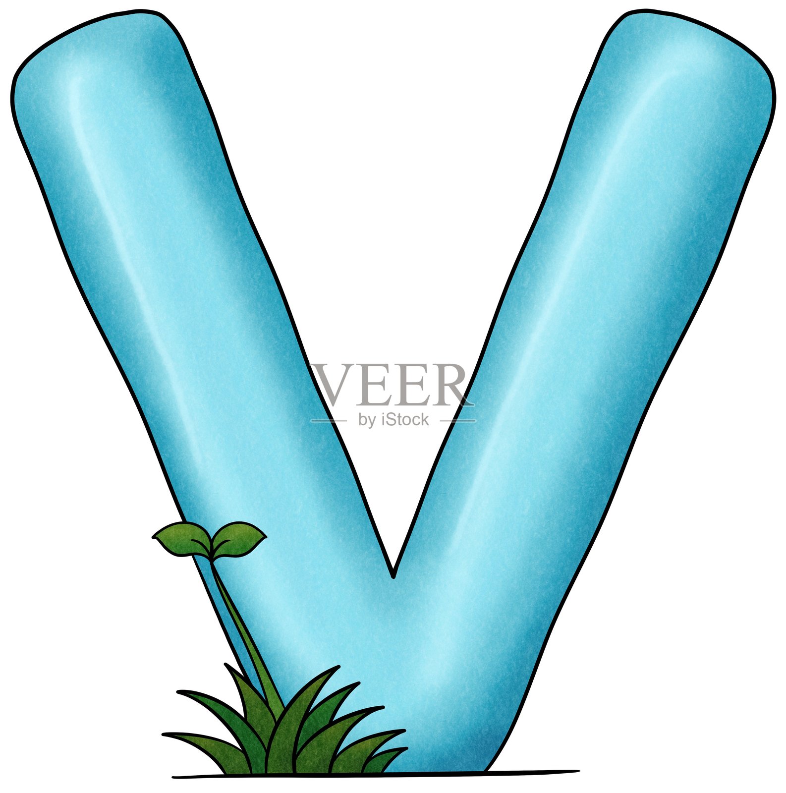 蓝色字母V上有小树。照片摄影图片