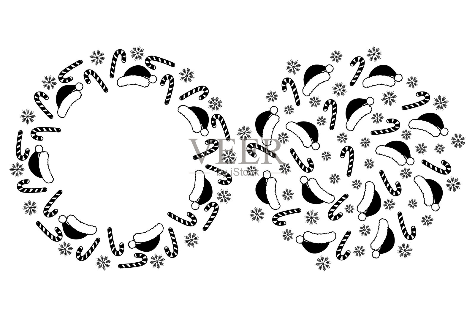 圣诞老人帽、糖果杖和雪花 黑白圆形边框和装饰背景插画图片素材