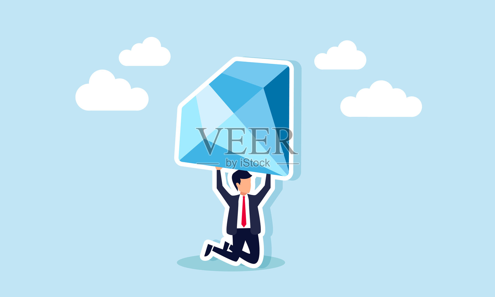 一位商人跪着举起一颗钻石，插图展示了拥有贵重投资资产所承受的负担。插画图片素材