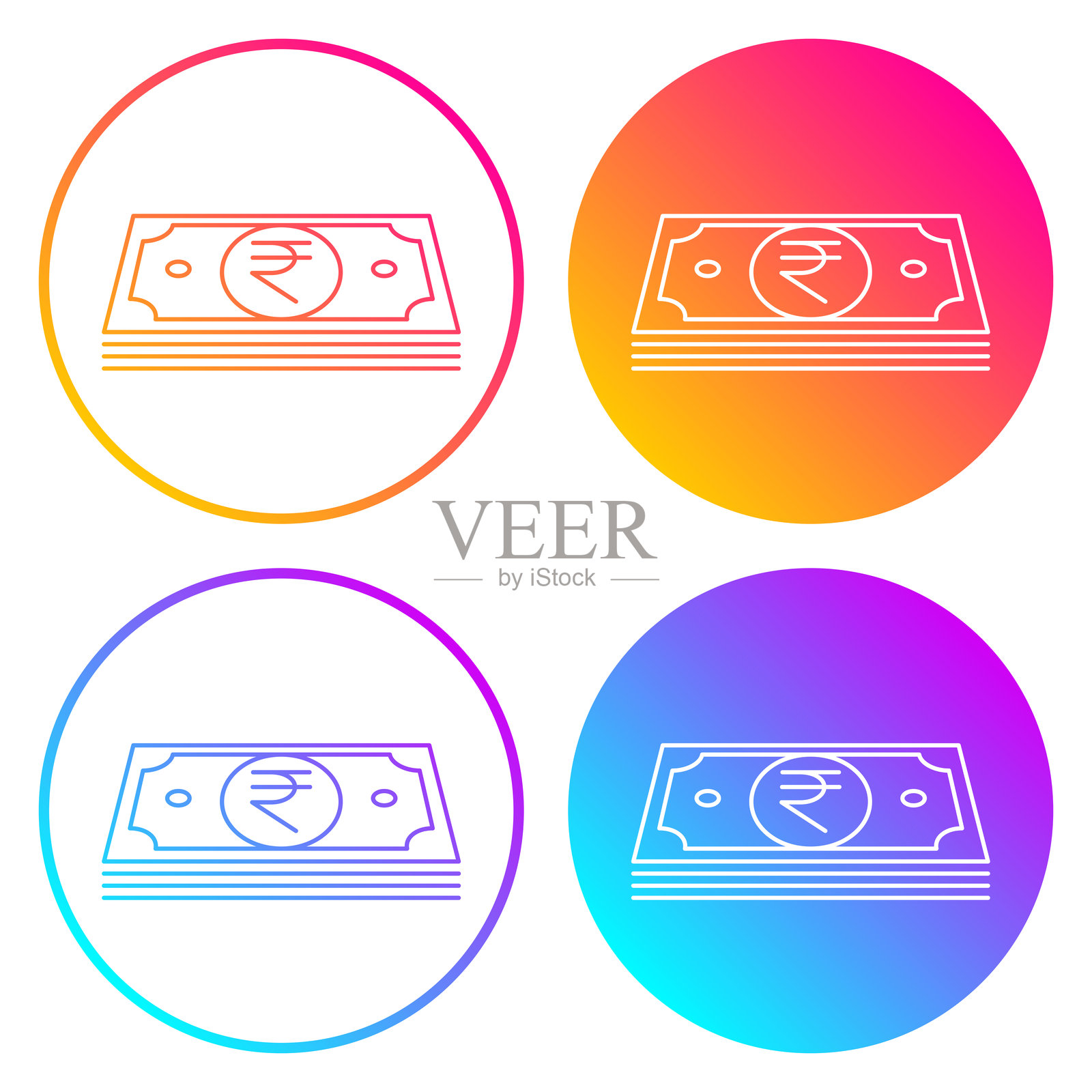 印度卢比纸币。带有渐变色的圆形图标插画图片素材