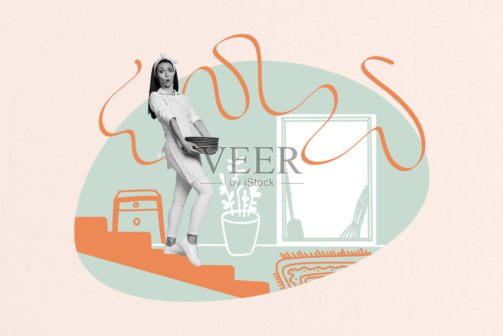 创意拼贴画：年轻女孩在家务服务中走下楼梯，手里提着一堆碗碟，背景是室内清洁的画面。照片摄影图片