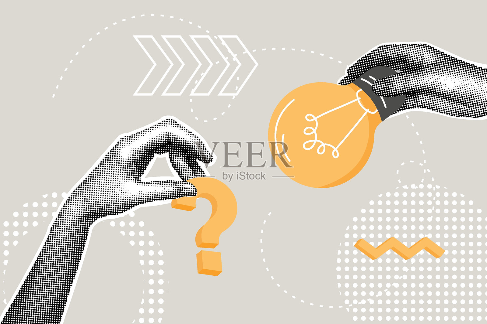 时尚的半色调拼贴。解决问题的概念，提问与回答，寻求答案或想法以解决问题，商业解决方案。手握问题，得到一个现成的想法和答案。适用于网页横幅和社交媒体横幅的插图。插画图片素材
