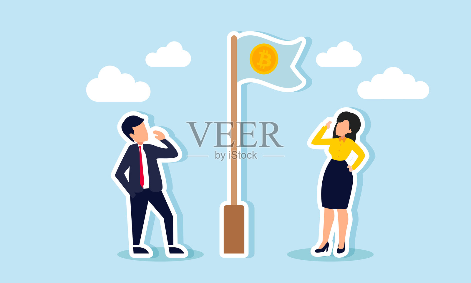 一位男商人和一位女商人在比特币旗杆旁站着，观察着比特币，插图展示了分析和监控比特币投资资产的强劲表现。插画图片素材